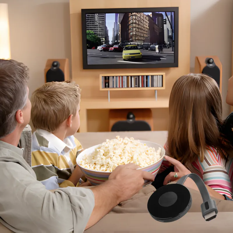 Family watching a movie together with popcorn
